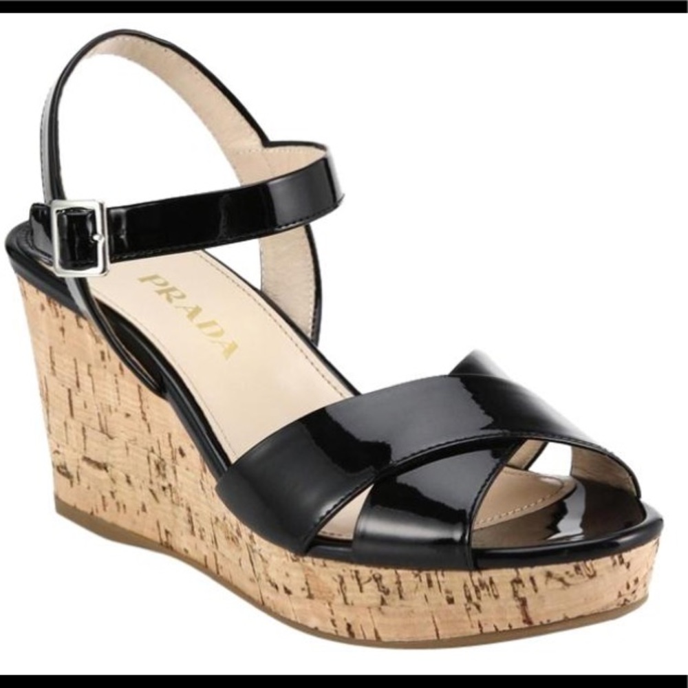 Prada Sandals Patent Wedge Platform Cork Black 10 - image 1
